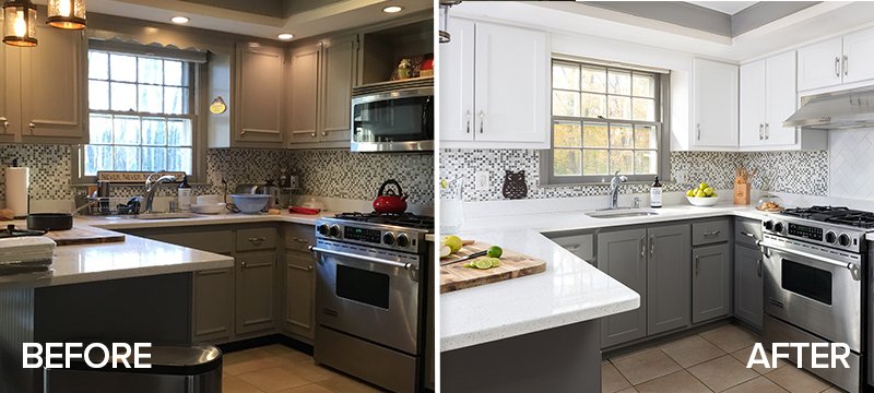 Before and after photo of refaced Kitchen
