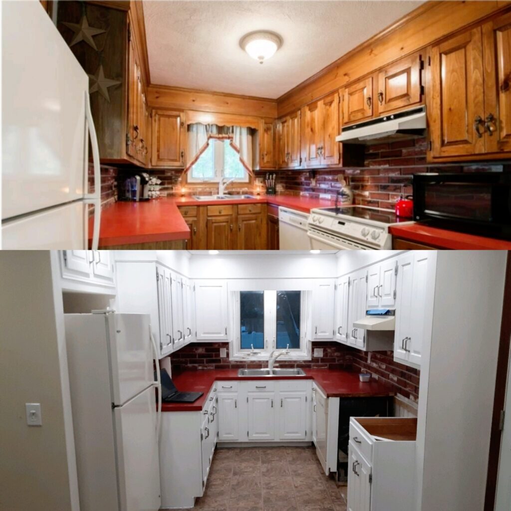Before and after photo of refaced Kitchen